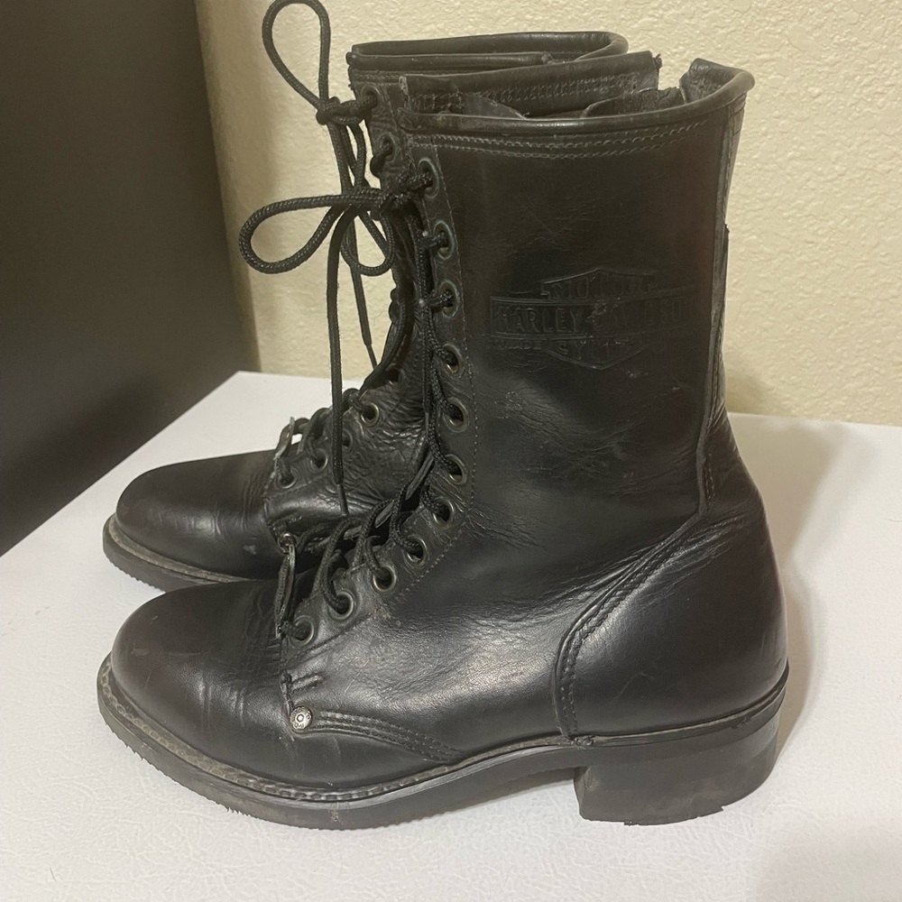 Harley-Davidson Men's Black Lace-Up Leather Boots With Zippered Side. Size 8.